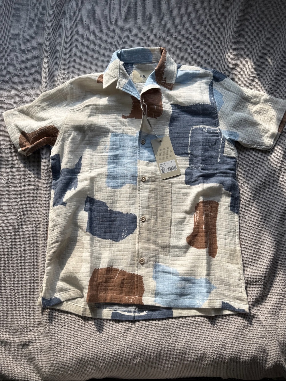 Folk Patchwork Short-Sleeve Button-Up Shirt - Cream, Blue & Brown